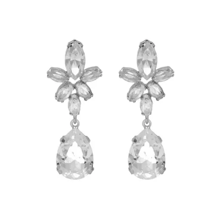 Pendientes Largos Victoria Cruz Flor Plata Baño Rodio y Cristales Blancos A4516-07HT