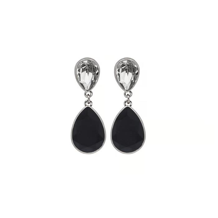 Pendientes Victoria Cruz Plata Baño Rodio y Cristales Lágrima Negro y Transparente A2093-07DT