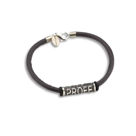 Pulsera plata abaloria "al mejor profe del mundo" y cuero marrón