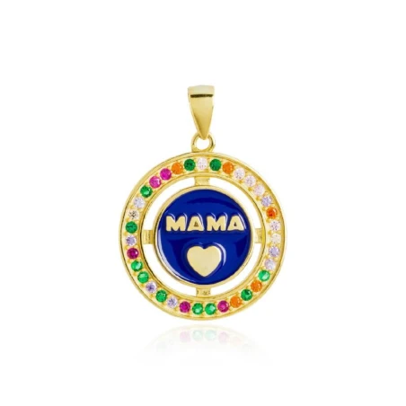 Colgante Plata Baño Oro Mamá Esmalte Azul y Circonitas Multicolor CR-118HC