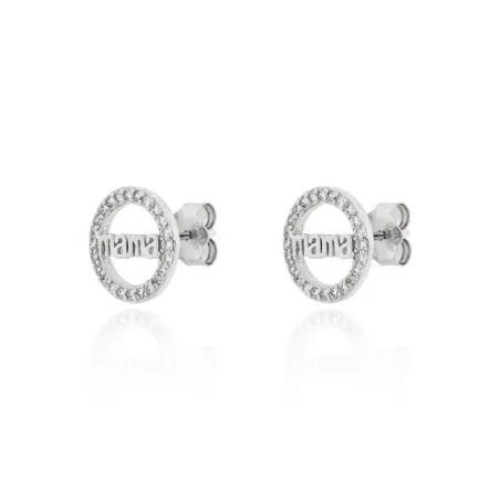 Pendientes Plata Baño Rodio Círculo "Mamá" y Circonitas Blancas PPR-E304BB