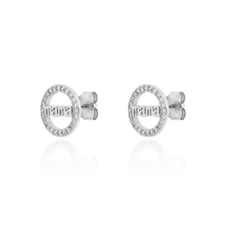 Pendientes Plata Baño Rodio Círculo "Mamá" y Circonitas Blancas PPR-E304BB