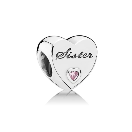 Charm Pandora "amor de hermanas" con piedra preciosa y grabado.