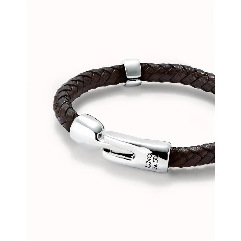 Pulsera UNOde50 Ser Natural Piel Trenzada Marrón y Baño Plata PUL2459MARMTLXL