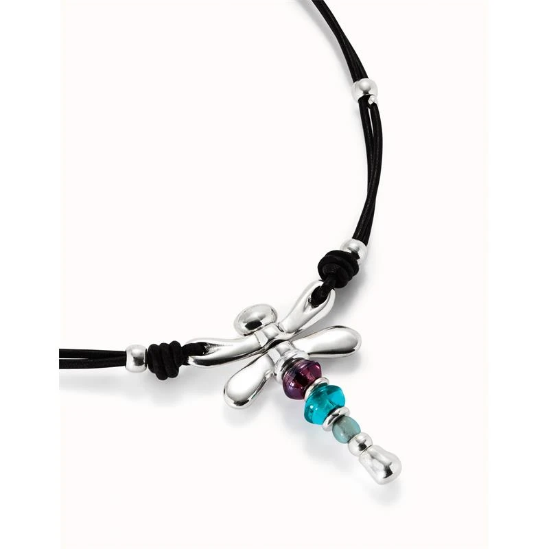 Collar UNOde50 Libélula Cuero Negro, Baño Plata y Cristales Multicolor COL1959MCLMTL0U