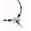Collar UNOde50 Libélula Cuero Negro, Baño Plata y Cristales Multicolor COL1959MCLMTL0U