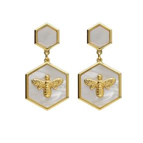 Pendientes Largos Víctoria Cruz Doble Hexágono y Abeja Plata Baño Oro y Nácar A4868-29DT