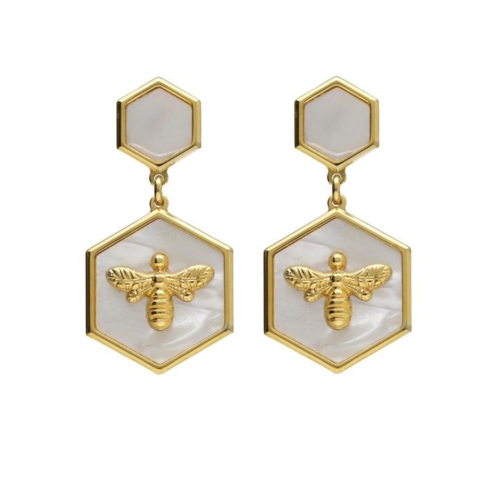 Pendientes Largos Víctoria Cruz Doble Hexágono y Abeja Plata Baño Oro y Nácar A4868-29DT