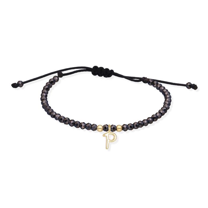 Pulsera Marina Gacía Nylon Negro, Piedras Espinelas Negras y Letra "P" Oro Amarillo 18Kt A2625AP