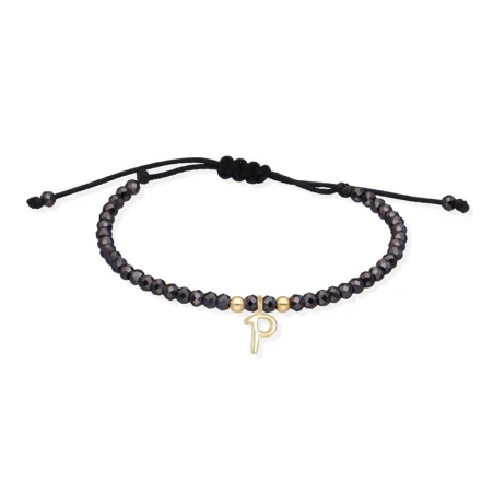 Pulsera Marina Gacía Nylon Negro, Piedras Espinelas Negras y Letra "P" Oro Amarillo 18Kt A2625AP