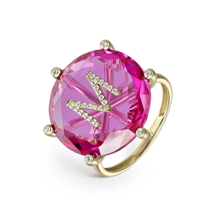 Anillo Litta Fiore Cocktail Oro Amarillo 18Kt, Corindón Rosa y Letra M LRN-203-042