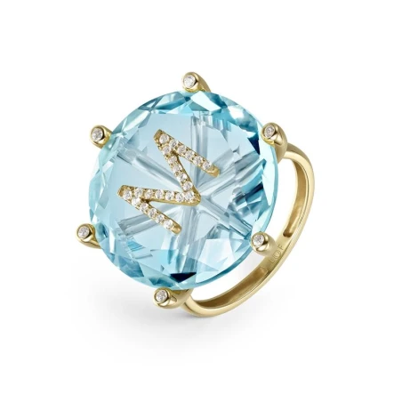 Anillo Litta Fiore Cocktail Oro Amarillo 18Kt, Topacio Azul y Letra M LRN-207-047