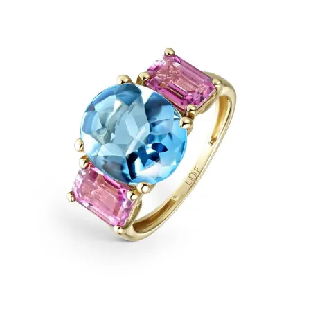 Anillo Litta Fiore Oro Amarillo 18Kt, Cabujón Topacio Swiss Oval y Rosa Baguette LRN-277-038
