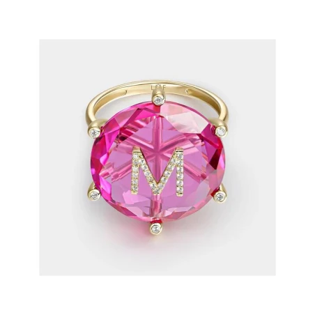 Anillo Litta Fiore Cocktail Oro Amarillo 18Kt, Corindón Rosa y Letra M LRN-203-042