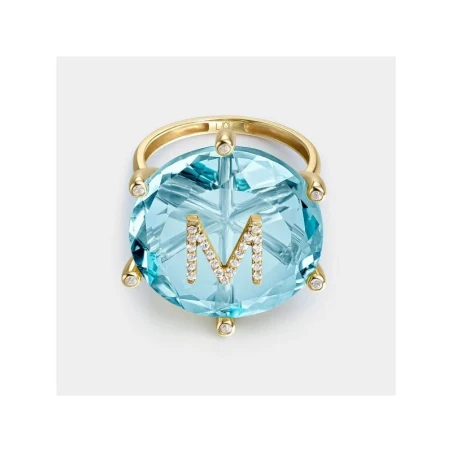 Anillo Litta Fiore Cocktail Oro Amarillo 18Kt, Topacio Azul y Letra M LRN-207-047