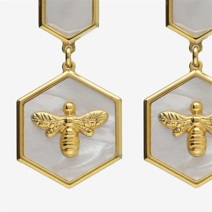 Pendientes Largos Víctoria Cruz Doble Hexágono y Abeja Plata Baño Oro y Nácar A4868-29DT