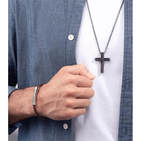 Pulsera Police Geometric Piel Trenzada Negra y Acero Inoxidable Hombre PEAGB0001409