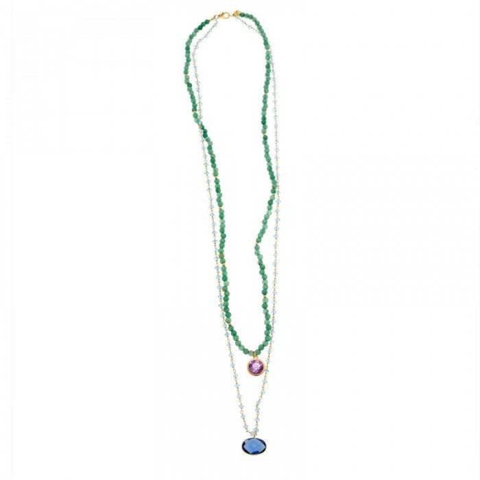 Collar Plata Chapado Dorado Dos Vueltas Bolitas Aventurina Verde Y Topacio Azul Iolita Hidrotermal Oval Amatista Rosa Redonda  9