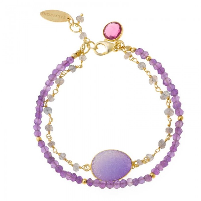 Pulsera Plata Chapado Dorado Dos Vueltas Bolitas Amatiastas Rosas Y Labradoritas Amatista Oval Turmalina Rosa Hidrotermal Redond