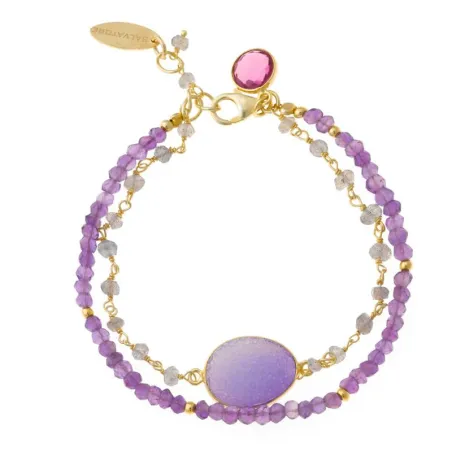 Pulsera Plata Chapado Dorado Dos Vueltas Bolitas Amatiastas Rosas Y Labradoritas Amatista Oval Turmalina Rosa Hidrotermal Redond
