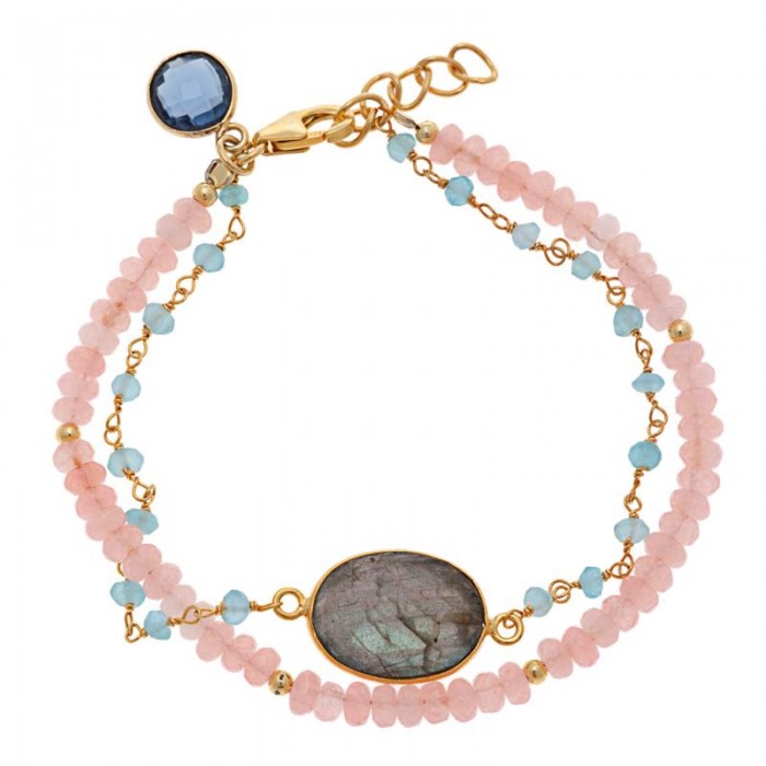 Pulsera Plata Chapado Dorado Dos Vueltas Bolitas Cuarzo Rosa Y Onyx Calcita Azul Labradorita Oval Iolita Hidrotermal Redonda  17