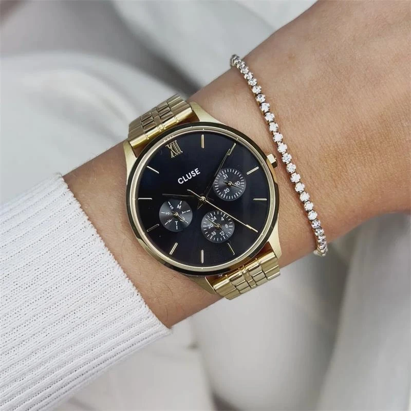 Reloj Cluse Minuit Date Dorado y Negro Multifunción Mujer CW10707