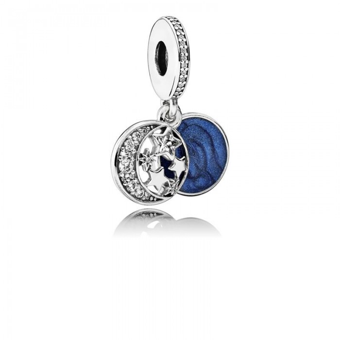 Charm colgante luna y estrella en plata de primera ley con circonita cúbica transparente y esmalte azul
