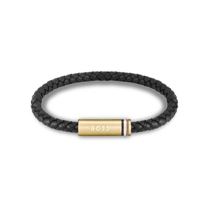 Pulsera Boss Ares Piel Trenzada Negra y Acero Inoxidable Baño Oro Hombre 1580624