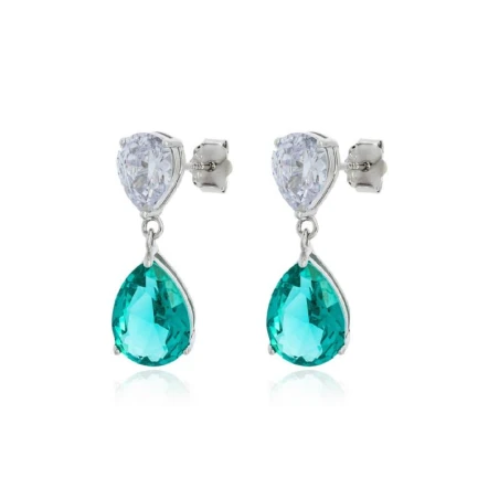 Pendientes Plata Baño Rodio y Circonitas Lágrima Blanca y Turquesa PPR-E467BC