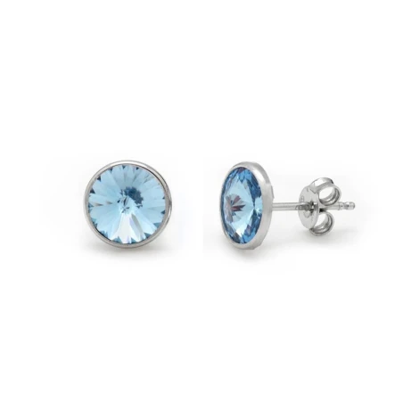Pendientes Victoria Cruz Botón Plata Baño Rodio y Cristal Aguamarina 8mm A2791-10HT