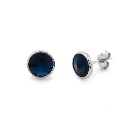 Pendientes Victoria Cruz Botón Plata Baño Rodio y Cristal Azul A2791-18HT