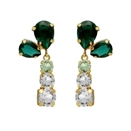 Pendientes Largos Victoria Cruz Illume Plata Baño Oro y Cristales Verdes A5003-20DT