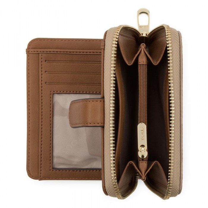 Billetero pequeño señora TOUS Valsaria de lona en color piedra